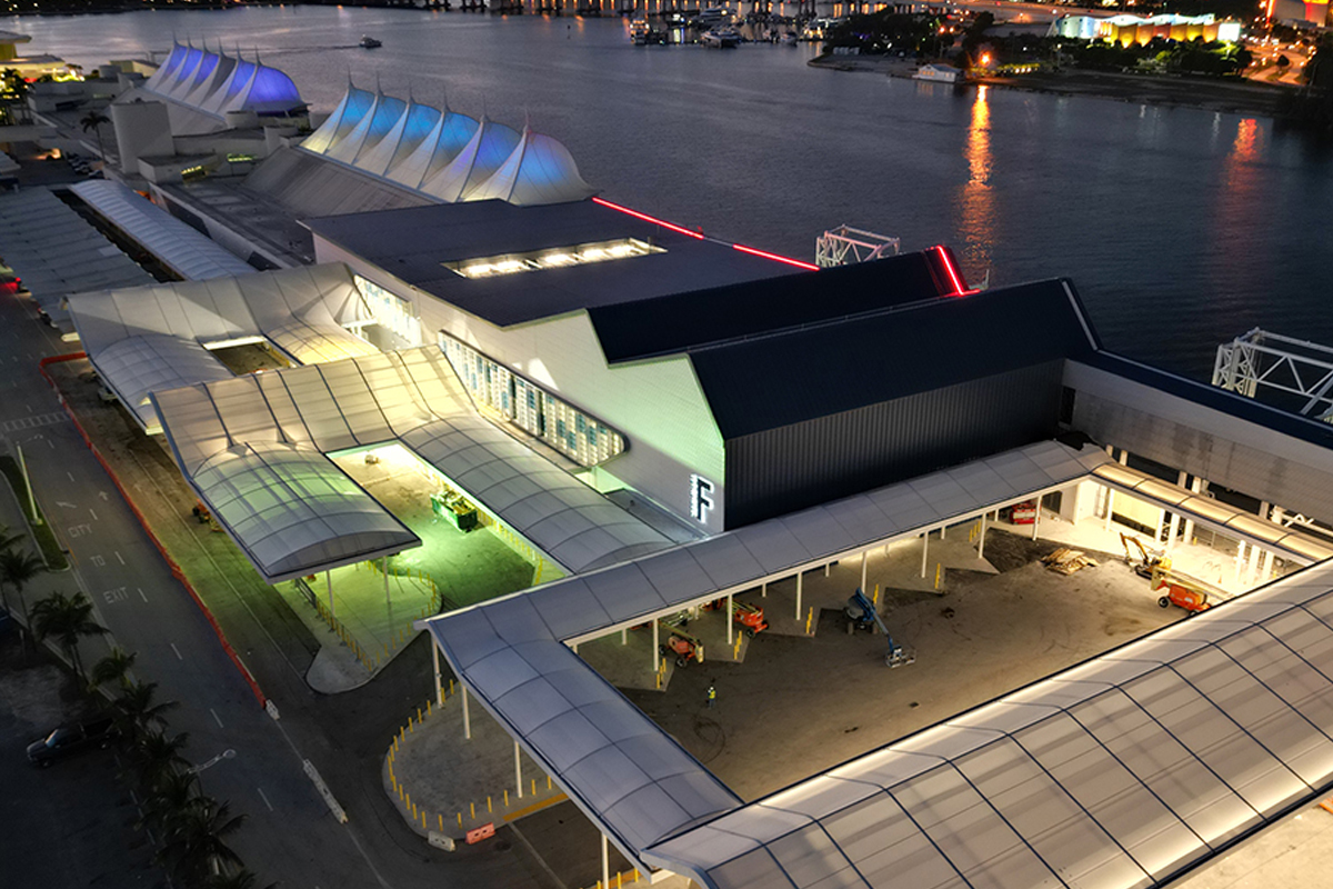 Aerial of PortMiami's Terminal F building at night